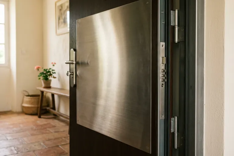 Porte blindée vue de l’intérieur, tôle acier et renforts